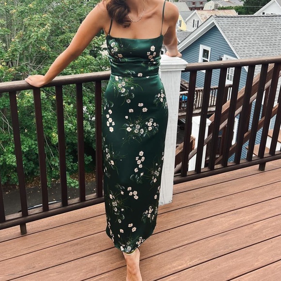 reformation green floral silk dress Reformation Neola Silk Dress in Green